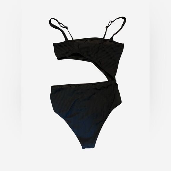 Shade & Shore Ribbed Cut Out One Piece Swimsuit Black M - Picture 3 of 7